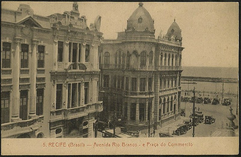 Recife - Pernambuco - Av. Rio Branco e Praça do Comercio, Cartão Postal Antigo Tipográfico Original