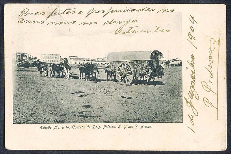 Rio Grande do Sul - Pelotas, Carreta de Bois, Cartão Postal Tipográfico Antigo Original de 1904