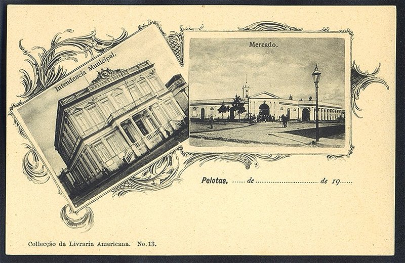 Rio Grande do Sul - Pelotas, Multiview Mercado e Intendência Municipal, Cartão Postal Tipográfico Antigo Original