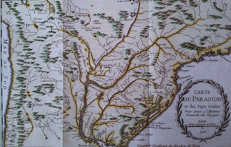 Mapa do Brasil e Paraguai, Original de 1756 - Gravura Iluminura, Rio Grande do Sul, Parana, São Paulo, Rio de Janeiro