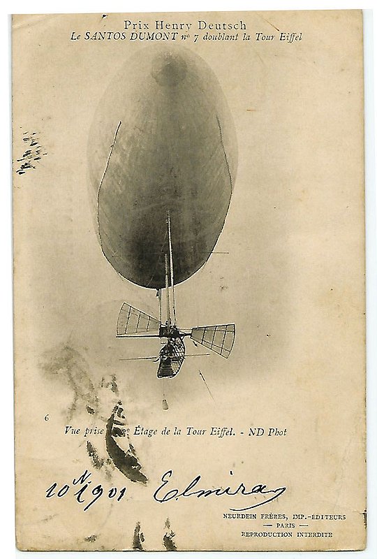 Santos Dumont, Cartão Postal de Dirigível Contornando a Torre Eiffel - Original de 1901