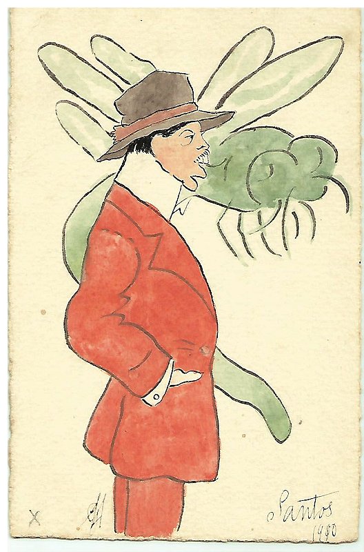Santos Dumont, Raro Cartão Postal Antigo com Caricatura, Charge Com Abelha