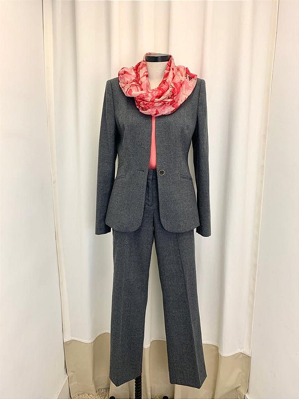 TED BAKER Conjunto cinza lã blazer, calça lenço e blusa gola degagê m/l  estampa igual ao forro P