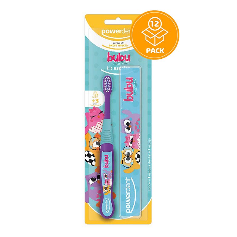 Escovas De Dentes Infantil - Kit Escolar + Porta Escova  Bubu E As Corujinhas +3 anos - 12UN