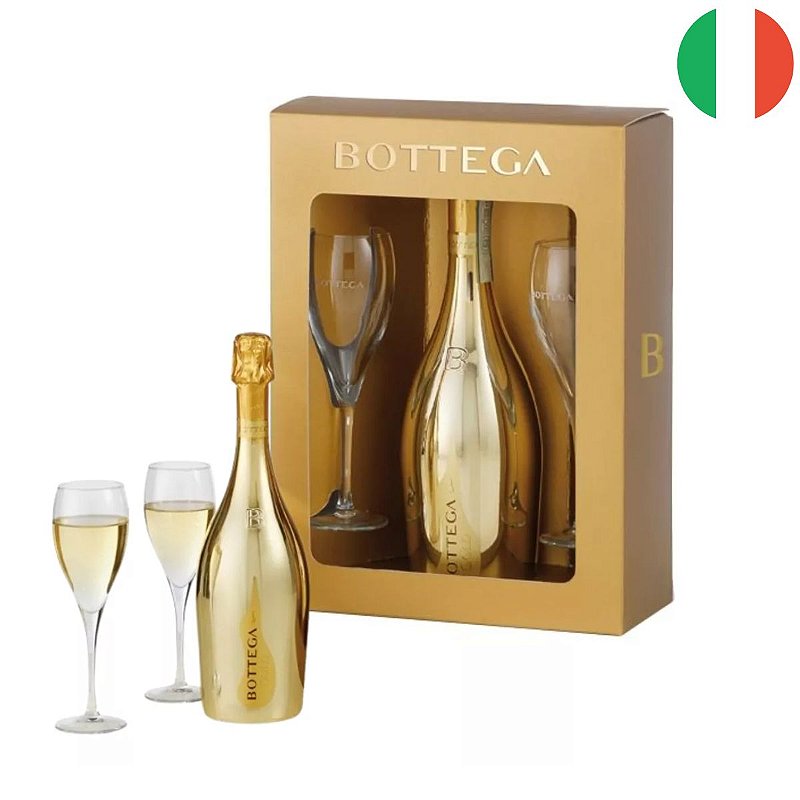 Kit Espumante Brut Italiano Bottega Gold + 2 Taças Cristal