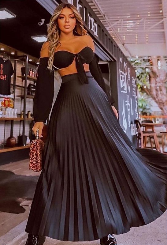 Saia Longa Plissada Saia Frisada Midi Moda Evangelica Saia
