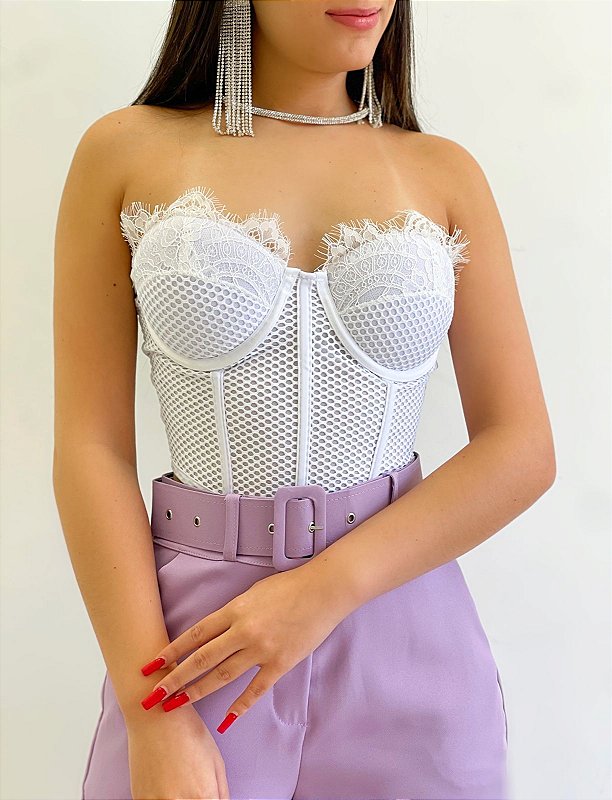 White Sheer Lace Structured Corset Top