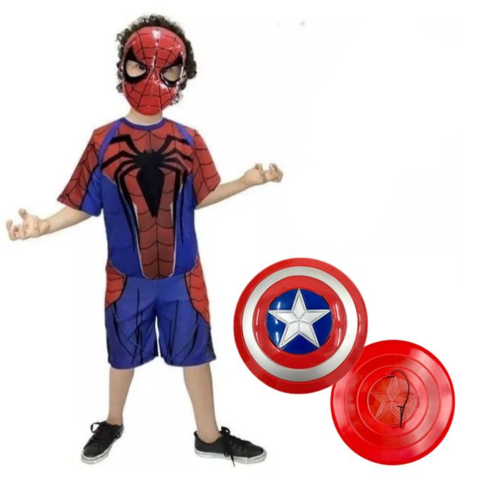 Fantasia infantil com máscara Homem Aranha vermelho