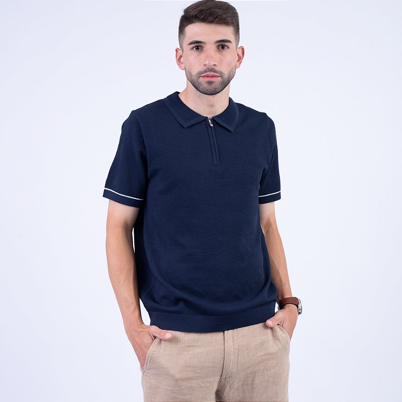 Polo Tricot com Zíper e Contraste Masculino - Schooner - Roupa