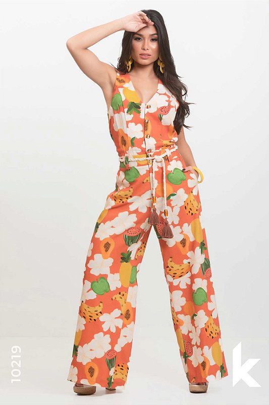 Macacão pantalona em linho estampa, tam   G