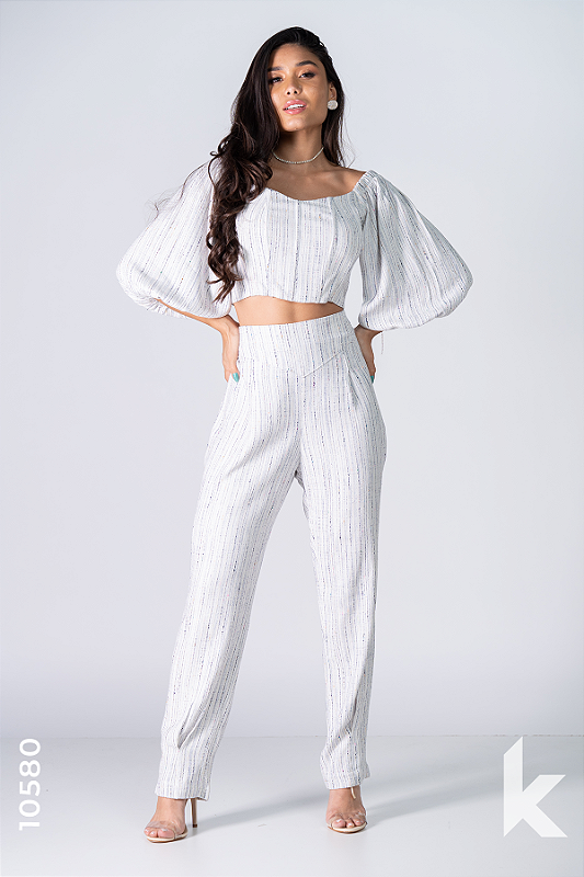 Conjunto calça e croped viscolinho listras tam M