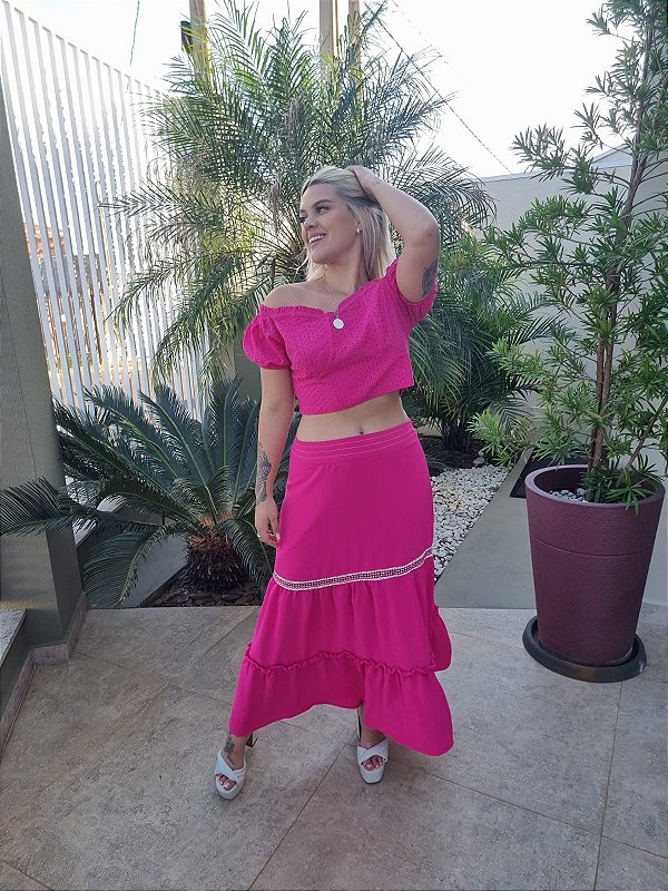 Conjunto de saia e croped pink P