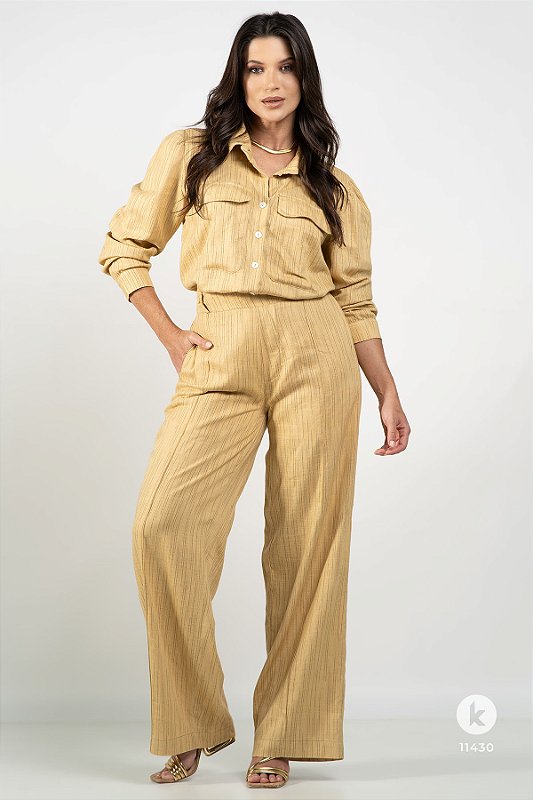 Conjunto viscolinho listras , calça caramelo GG
