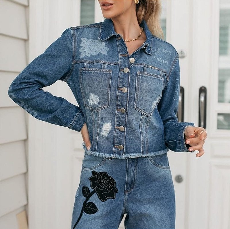 Conjunto jeans , calça e jaqueta bordada G