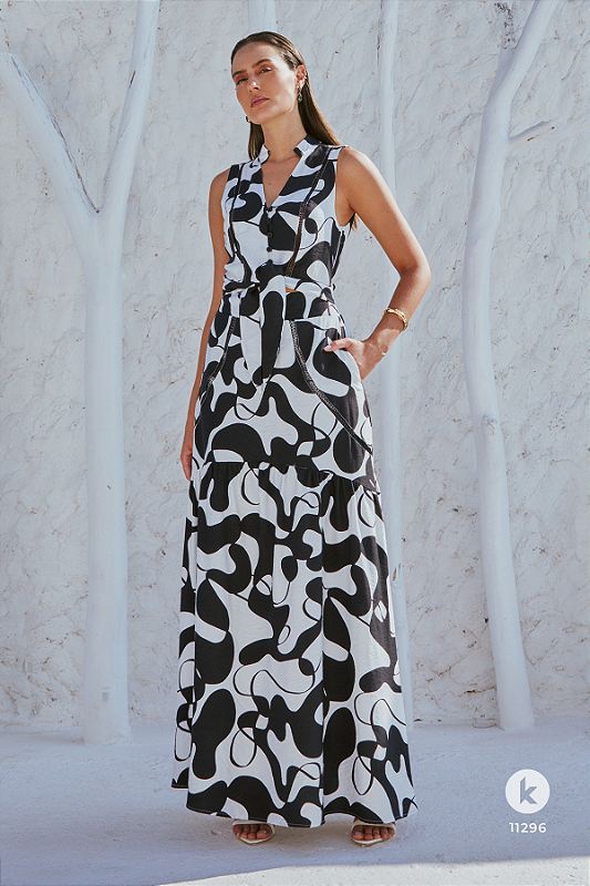 Vestido longo, preto e branco, tecido viscose P kimika