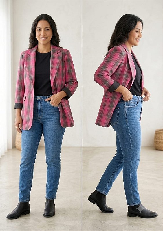 Blazer Xadrez Rosa Cinza Flanelado Tamanho 42