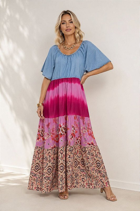 Vestido Jeans Longo Estampado G