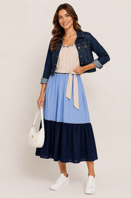 Vestido Crepe Fluido Alça Azul G