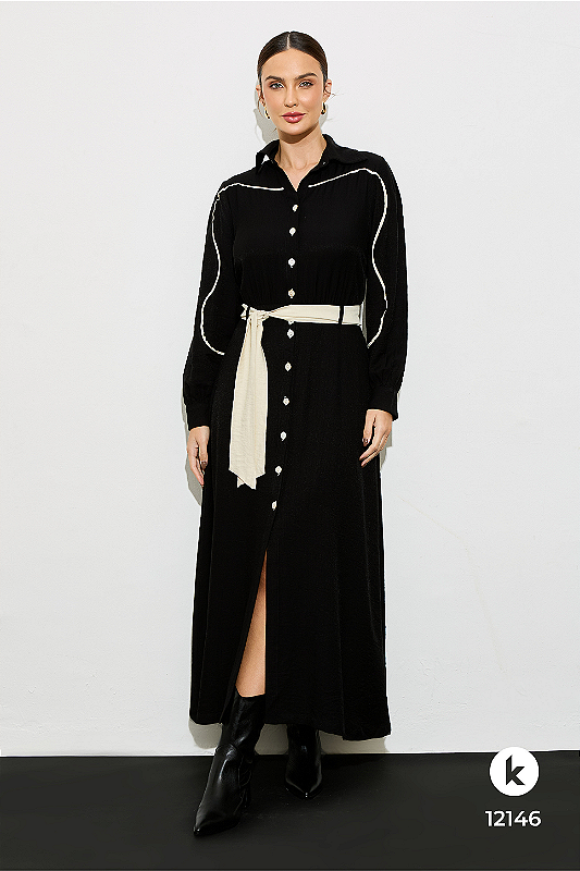 Vestido Preto Longo Fluido com Botões Frontal G