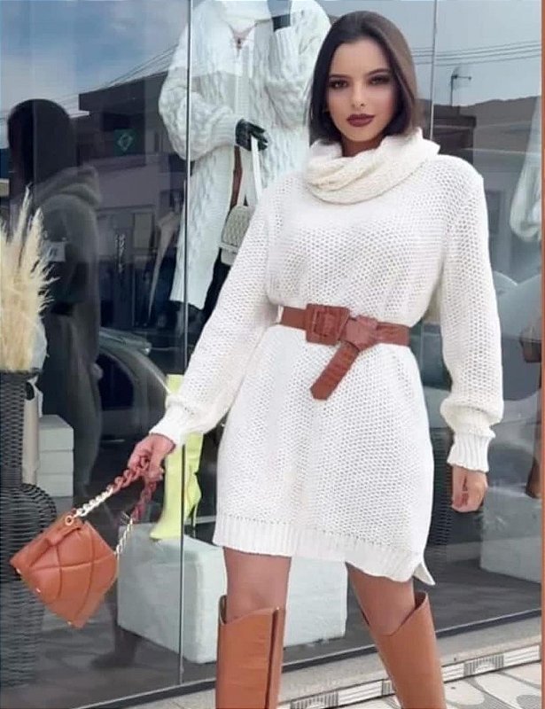 Vestido Tricot Feminino Manga Longa Off White
