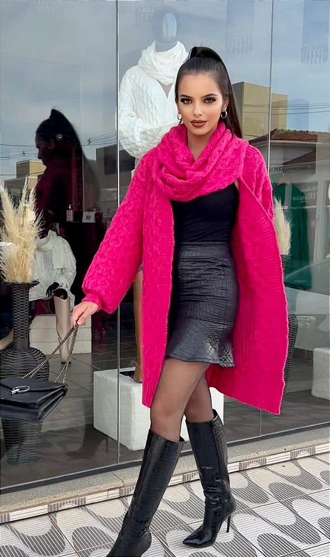 Casaco Tricot Lã Pink Tamanho Único