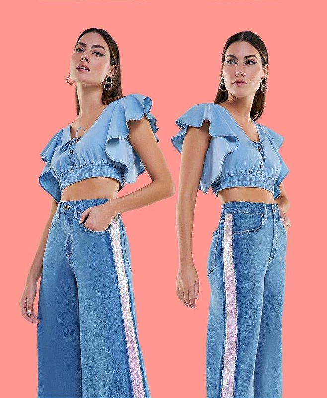 Calça Jeans Wide Leg paetê na lateral tam 40