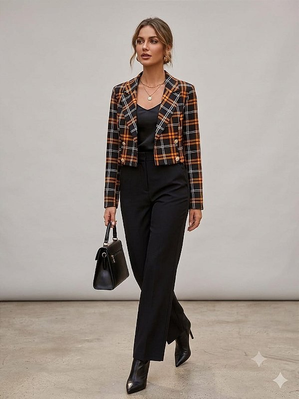 Blazer Cropped Xadrez Alfaiataria M