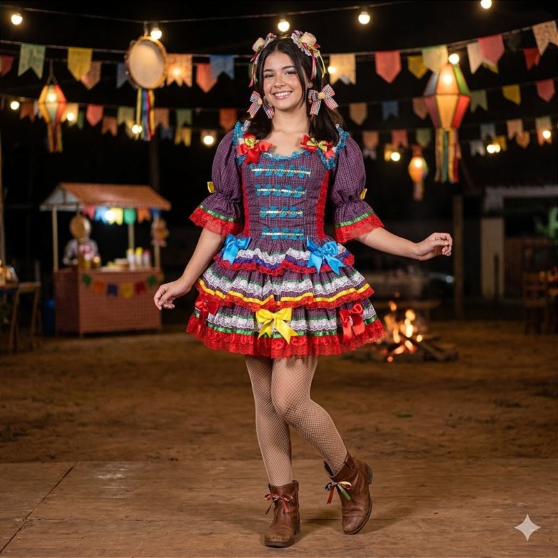 Fantasia Vestido Junino de Camadas com Rendas Adulto - SOMENTE ALUGUEL ...