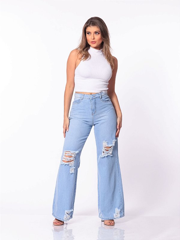 Calça Jeans 12007rasgada Feminina Perna Larga Rasgada 12007