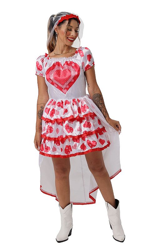 Vestido Noiva Junino Adulto Caipira de Quadrilha + Tiara Véu 7 Artes