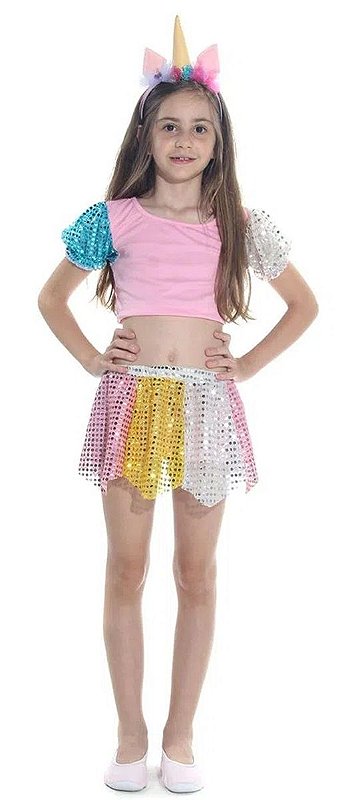 Fantasia Carnaval Unicórnio Menina Top Saia Infantil Tiara