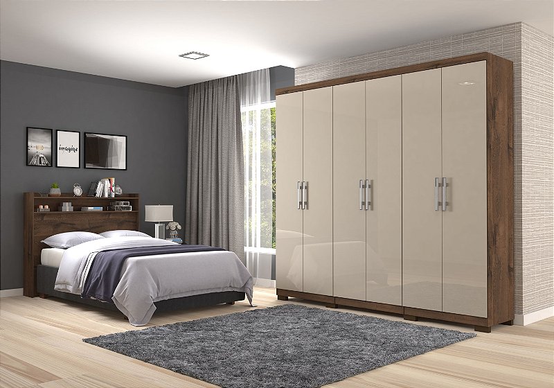 ROUPEIRO 6 PORTAS 4 GAVETAS IBIZA 100% MDF IMBUIA PRIME / OFF WHITE