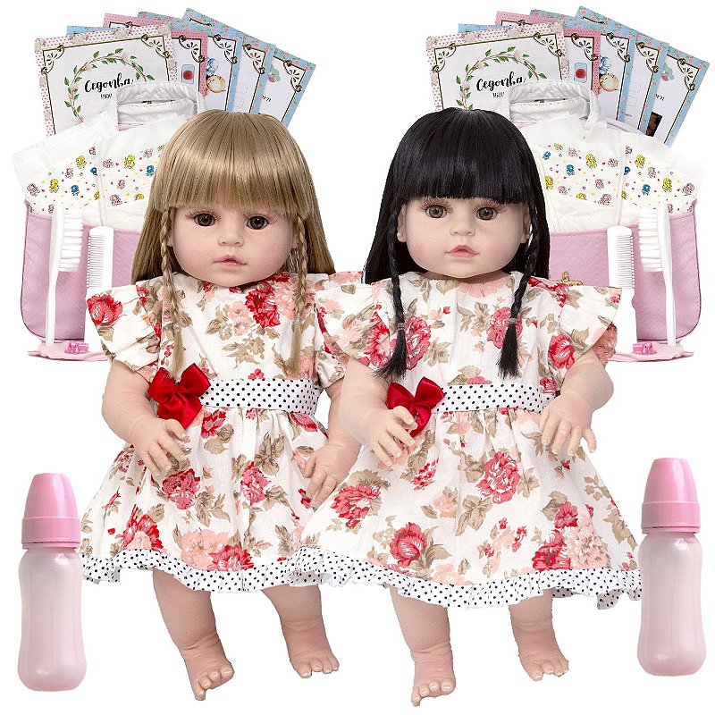 Bonecas Bebe Reborn Gêmeas Meninas Lindas Pagão Rosa Enxoval