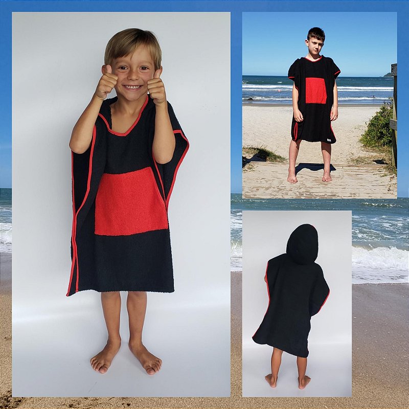 Poncho toalha surf infantil - PRETO E VERMELHO