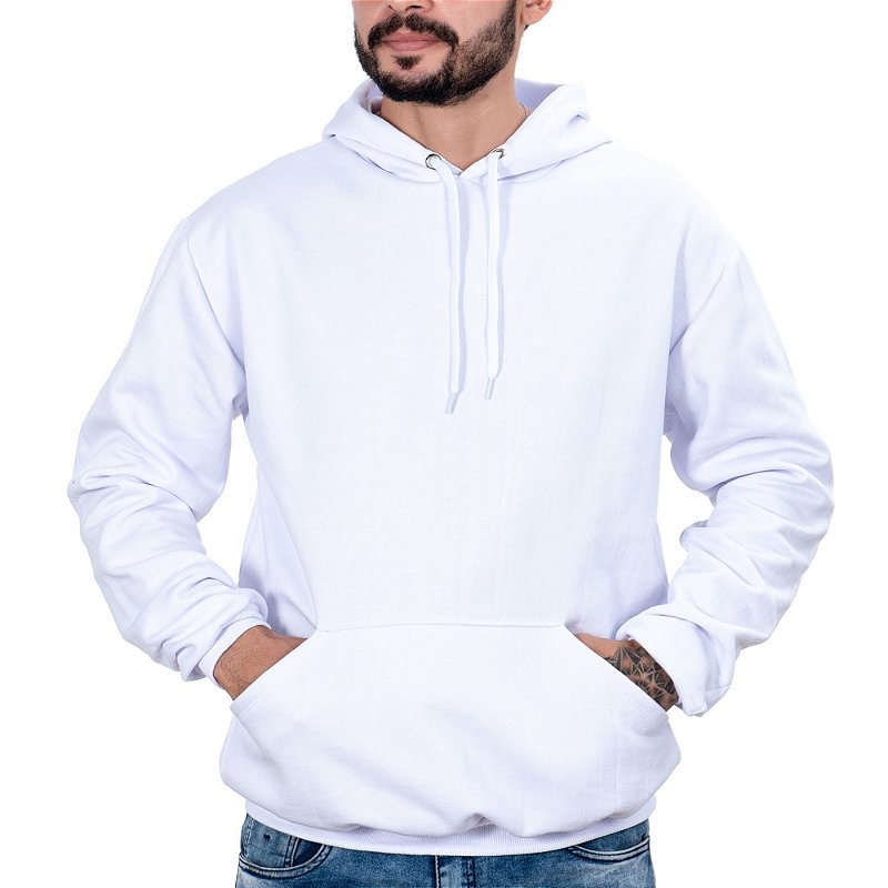 Blusa Moletom Masculino Branco Canguru Com Capuz Liso sem estampa