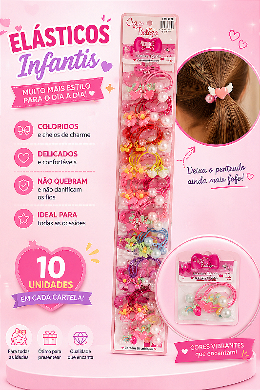 Elásticos para Cabelo Infantil Miss France MF-2391 - Cartela c/ 10 unid no Atacado para Revenda