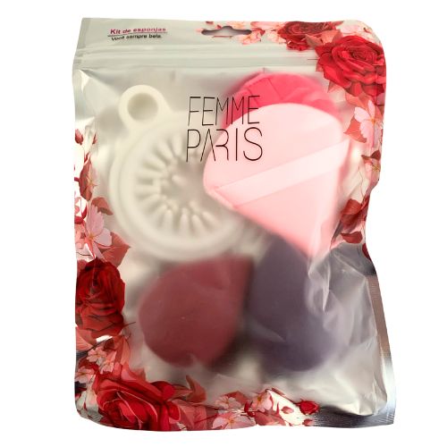 Kit com 04 Esponjas para Maquiagem e 01 Escova Massageadora Femme Paris FM3006 no Atacado para Revenda