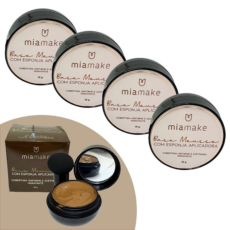 Base Mousse com Esponja Aplicadora Cores Escuras Mia Make 536 - Kit c/ 04 unid no Atacado para Revenda