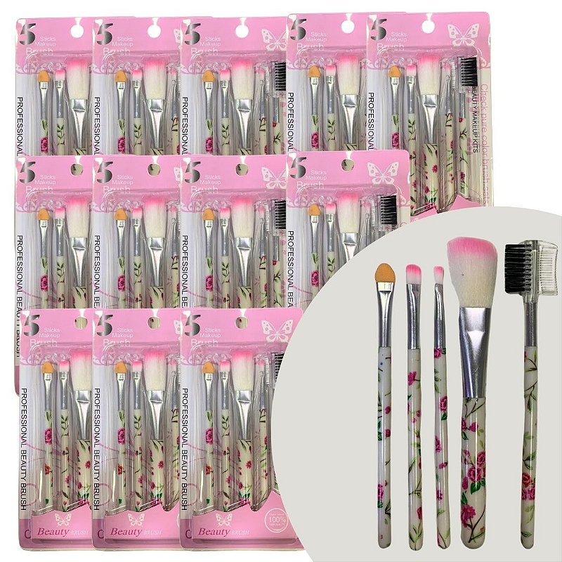 Kit com 05 Pincéis para Maquiagem Estampado Beauty Brush - Pcte c/ 12 unid no Atacado para Revenda