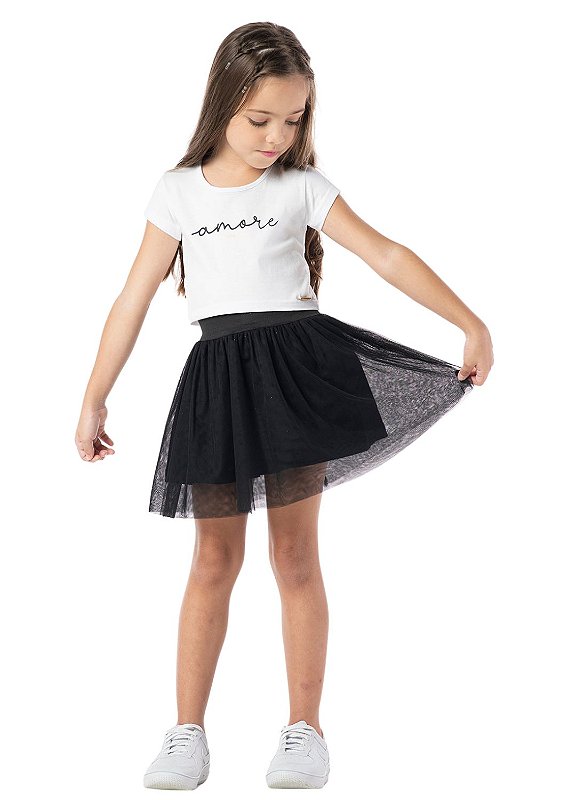 Conjunto Infantil Feminino Cropped e Saia Tule Preta Hola Kids