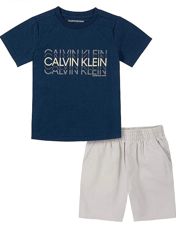 Conjunto Calvin Klein Camisa Branca e Bermuda Cinza - Menino - Baby Buys  Brasil