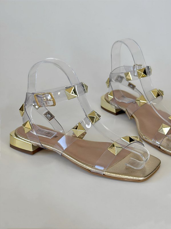 Sandália Rasteira Liz Tiras Vinil Dourada