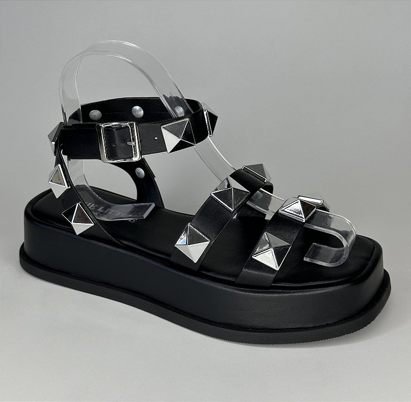 Sandália Flatform Leona Preto Com Prata