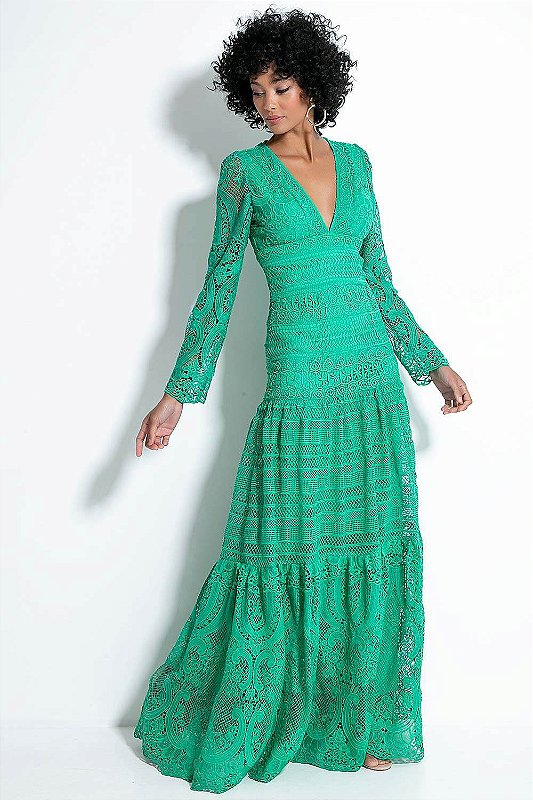 Ave Rara Vestido De Guipir Azul Vestido Manga Longa Em Renda