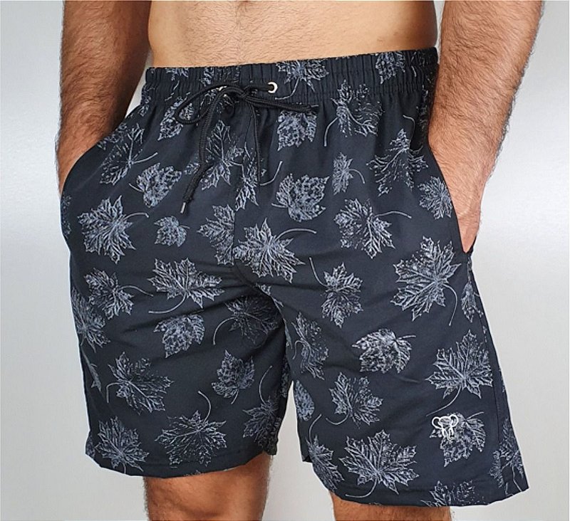 Shorts Tactel Estampado Masculino Adulto 2 Bolsos Preto Folhas