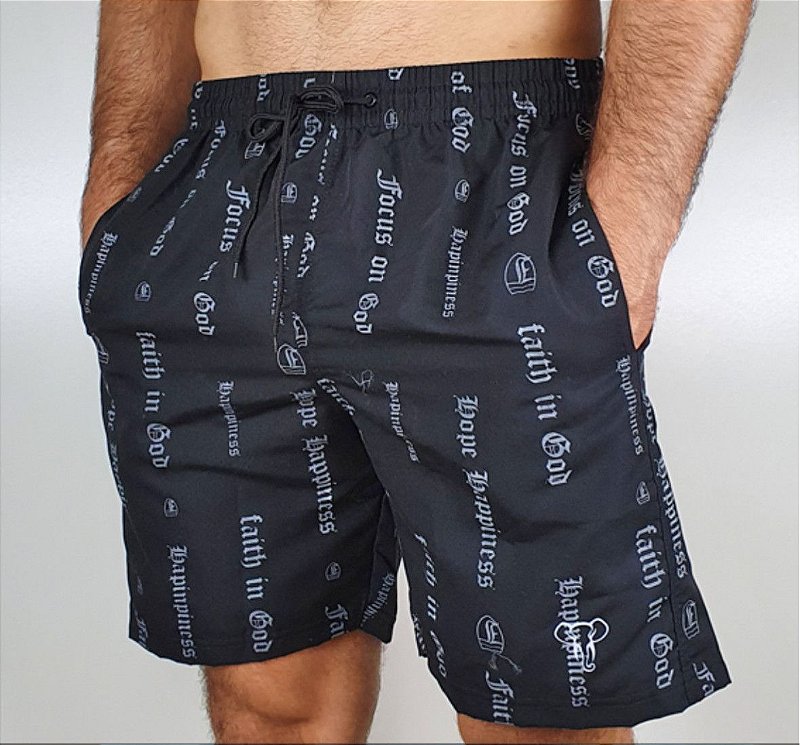 Shorts Tactel Estampado Masculino Adulto 2 Bolsos Preto Palavras