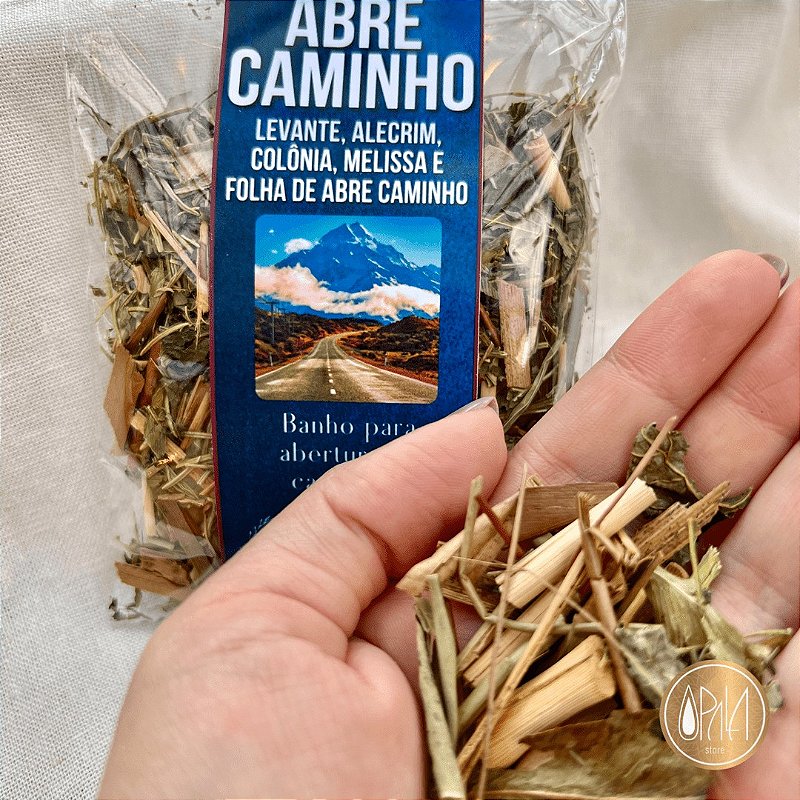 Banho Abre Caminho Opala Store, sachê de folhas secas artesanal para banho de ervas, embalagem unitária 20 g