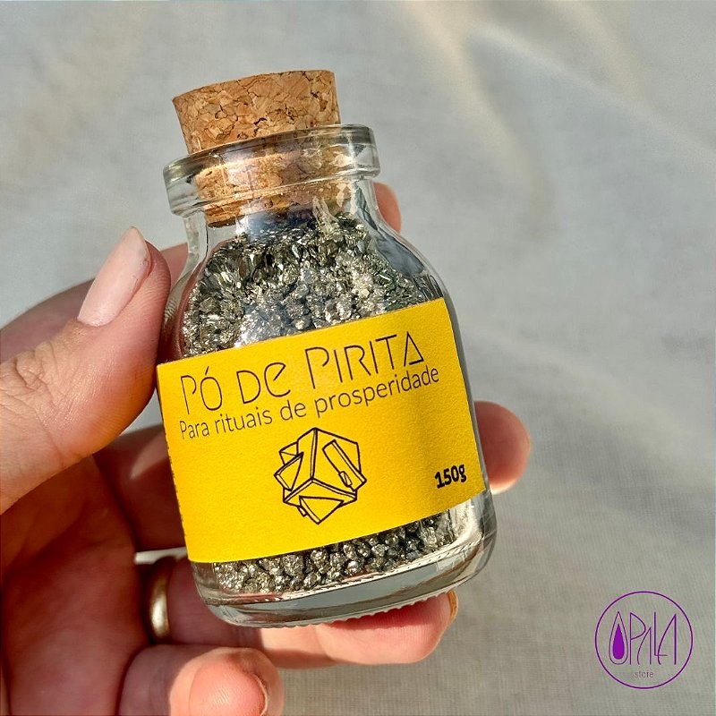 Pó de Pirita natural dourado metálico em embalagem, mineral natural 150g, Opala Store