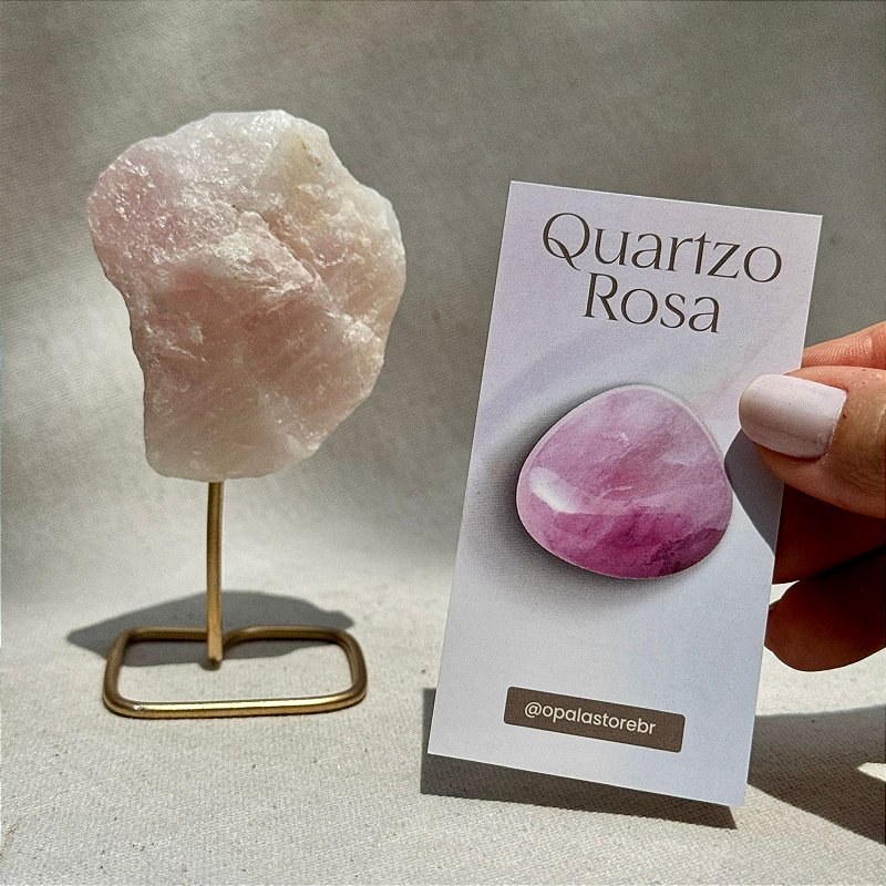 Pilar do Amor Próprio Quartzo Rosa natural translúcido com base metálica dourada, 8,5 cm, Opala Store