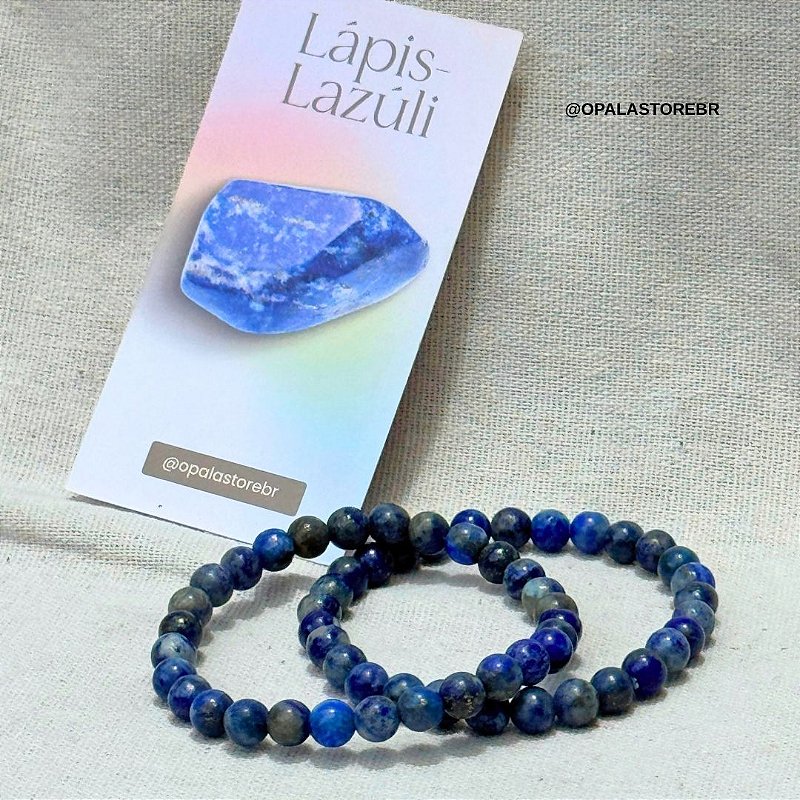 Pulseira de Lápis Lazúli Natural Opala Store, esferas azuis 6mm em pedra natural, fio de silicone duplo, fundo claro
